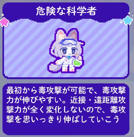 ゲーム「トロイメライの月あかり」の画像。コスチュームで様々なプレイスタイルが可能。これは毒ビルドの科学者