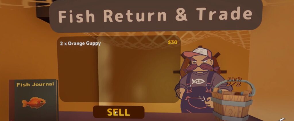 ゲーム「Sip Fisher」のプレイ画面:釣った魚を売ってお金に変えよう