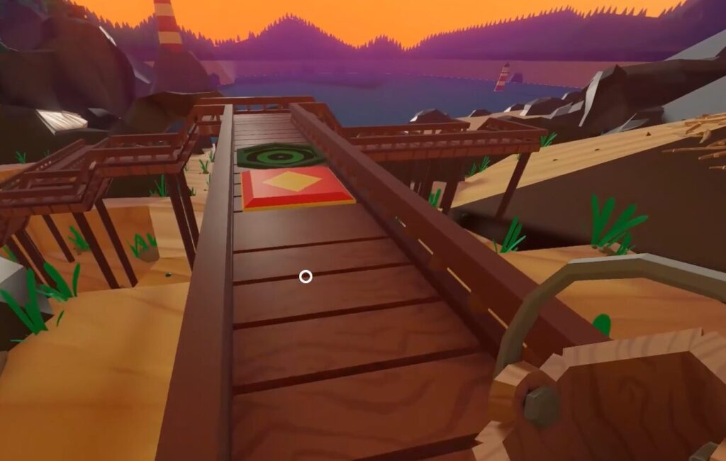 ゲーム「Sip Fisher」のプレイ画面:このようにダッシュボードとジャンプパッドを置くと...