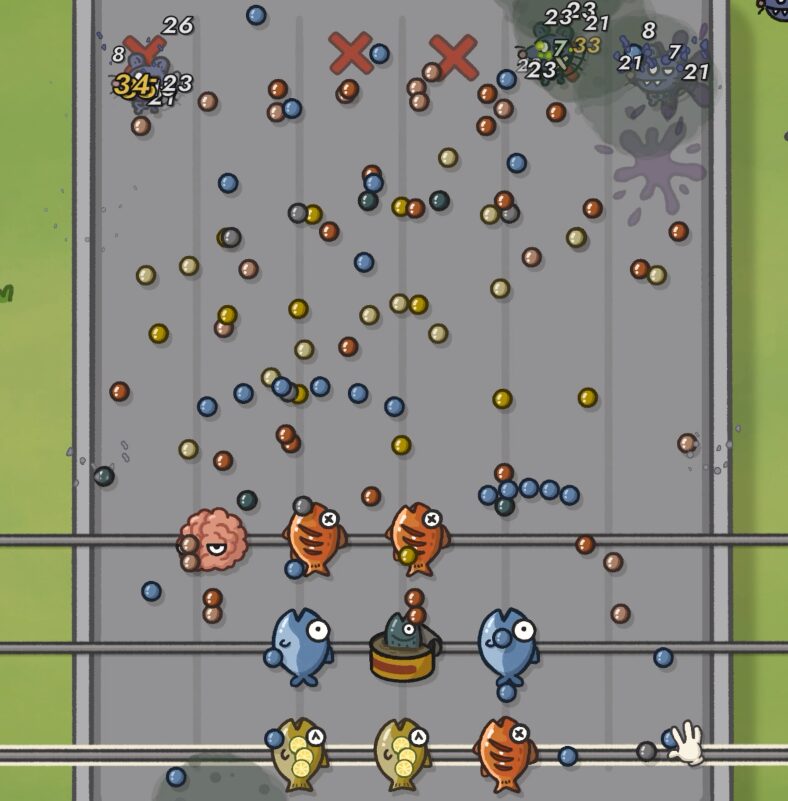 ゲーム「引っ張るなよ、串焼きマスター！」のプレイ画面
魚ビルドで弾丸の雨を降らせよう！