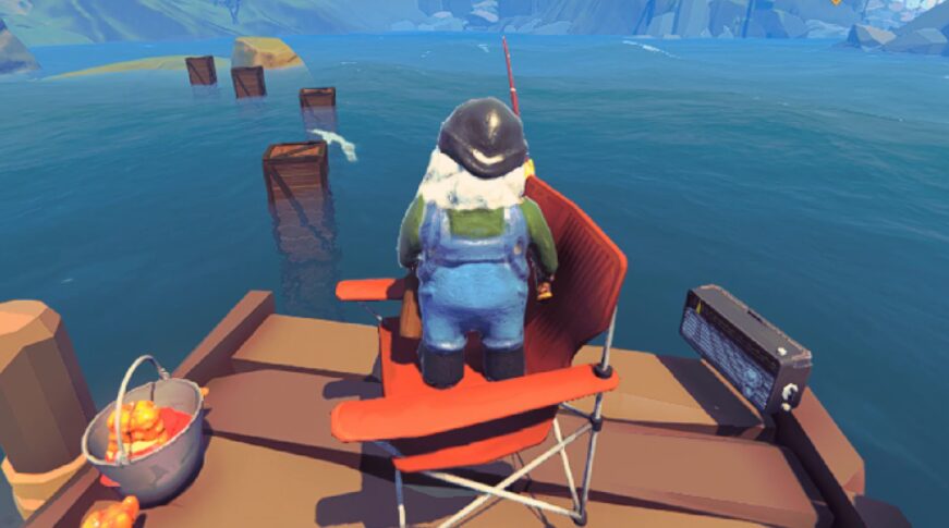 ゲーム「Fish Hunters: Most Lethal Fishing Simulator 🐟」のプレイ画面
背中で語るノーム君。彼を水辺に置くと自動で魚を釣ってくれる。こう見えてアイテムなので置きなおしも容易