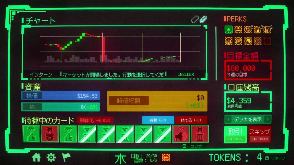 ゲーム「InsiderTrading」のゲームプレイ画面。
