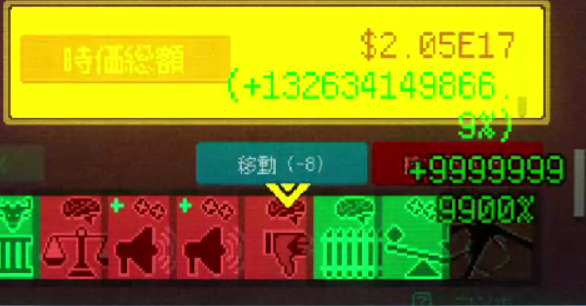 ゲーム「InsiderTrading」のゲーム画面。リセットカードで爆発的利益を産もう